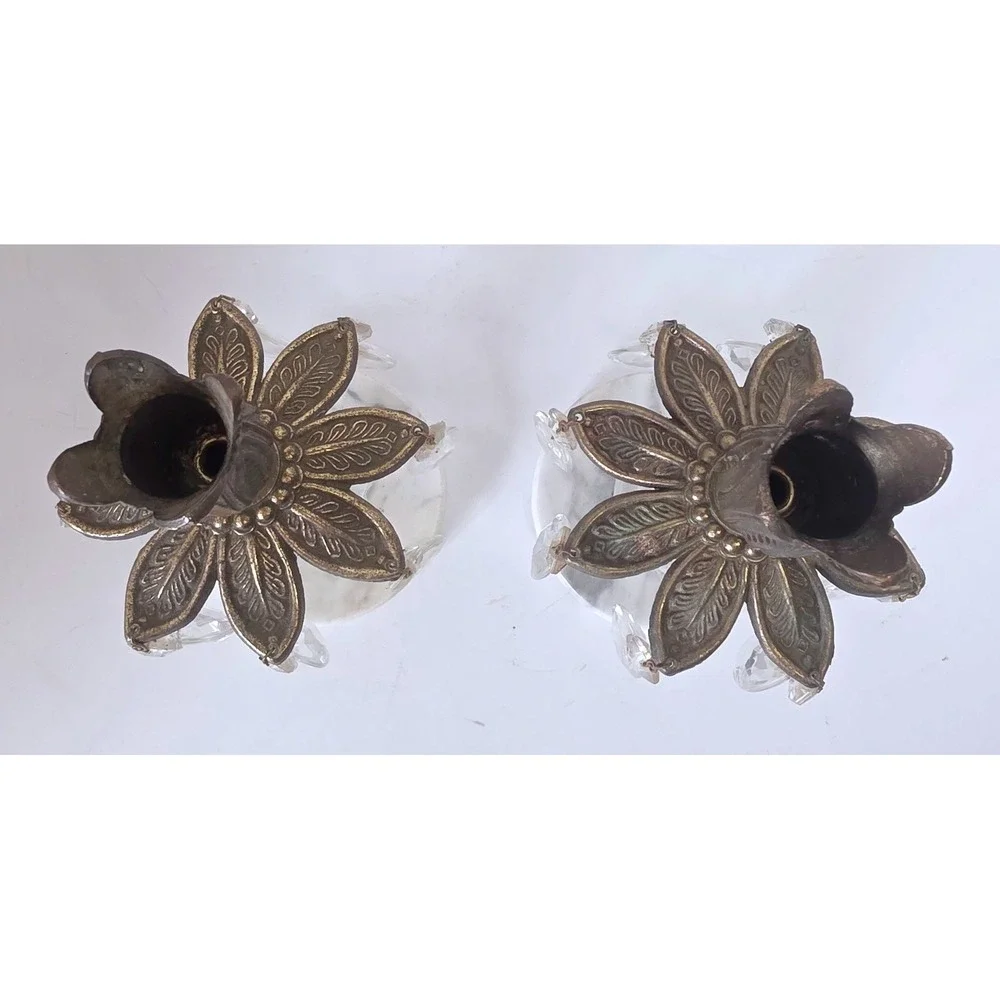 2 Vintage Hollywood Regency Italian Marble Brass Crystal Prism Candlesticks